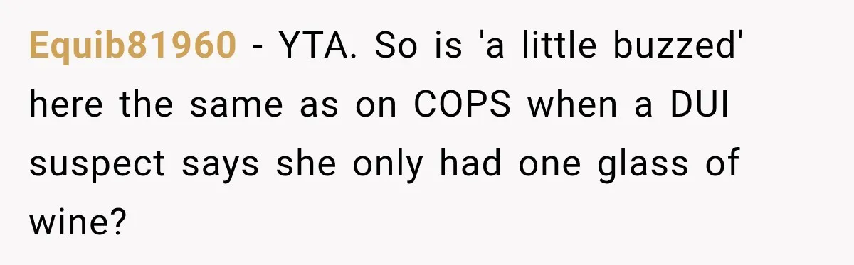 Equib81960 − YTA. So is 'a little buzzed' here the same as on COPS when a DUI suspect says she only had one glass of wine?