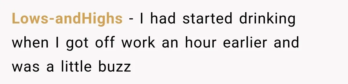 Lows-andHighs − I had started drinking when I got off work an hour earlier and was a little buzz