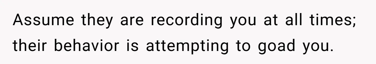 Assume they are recording you at all times; their behavior is attempting to goad you.