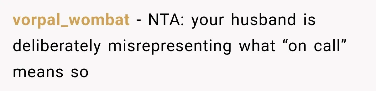vorpal_wombat − NTA: your husband is deliberately misrepresenting what “on call” means so