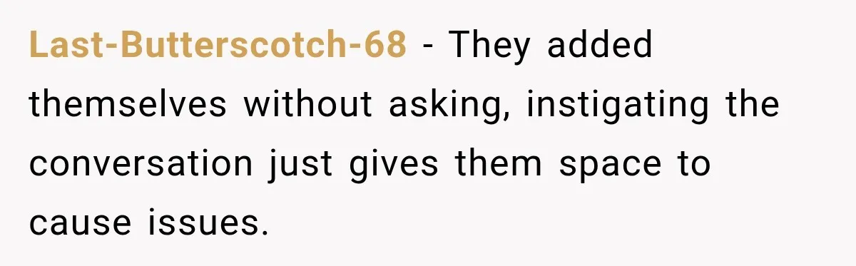 Last-Butterscotch-68 − They added themselves without asking, instigating the conversation just gives them space to cause issues.