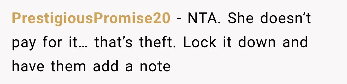 PrestigiousPromise20 − NTA. She doesn’t pay for it… that’s theft. Lock it down and have them add a note