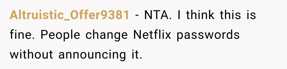 Altruistic_Offer9381 − NTA. I think this is fine. People change Netflix passwords without announcing it.