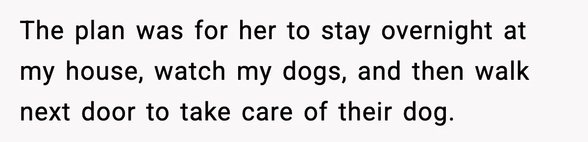 The plan was for her to stay overnight at my house, watch my dogs, and then walk next door to take care of their dog.
