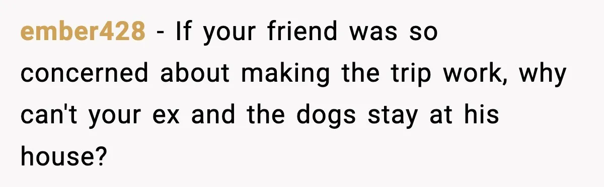 ember428 − If your friend was so concerned about making the trip work, why can't your ex and the dogs stay at his house?