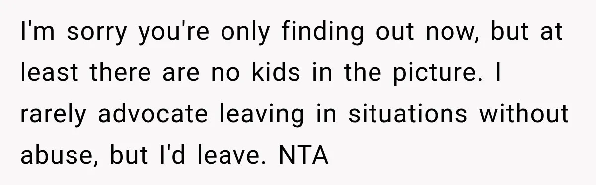 I'm sorry you're only finding out now, but at least there are no kids in the picture. I rarely advocate leaving in situations without abuse, but I'd leave. NTA