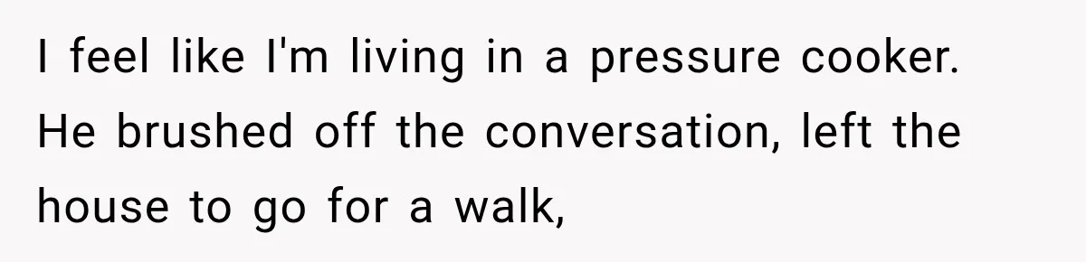 I feel like I'm living in a pressure cooker. He brushed off the conversation, left the house to go for a walk,