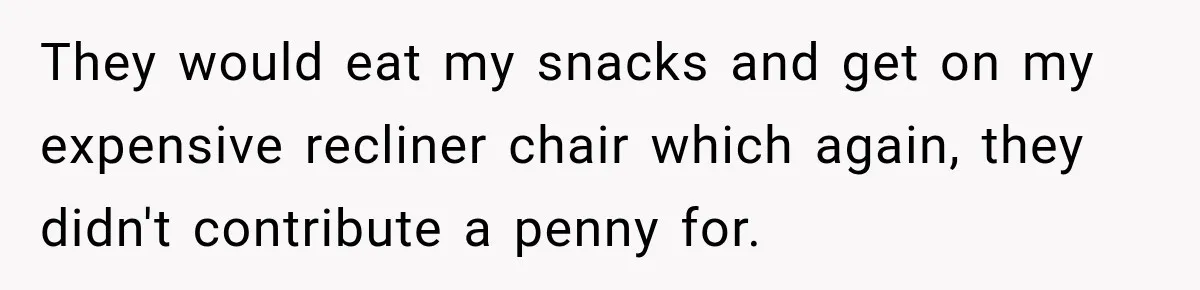 They would eat my snacks and get on my expensive recliner chair which again, they didn't contribute a penny for.