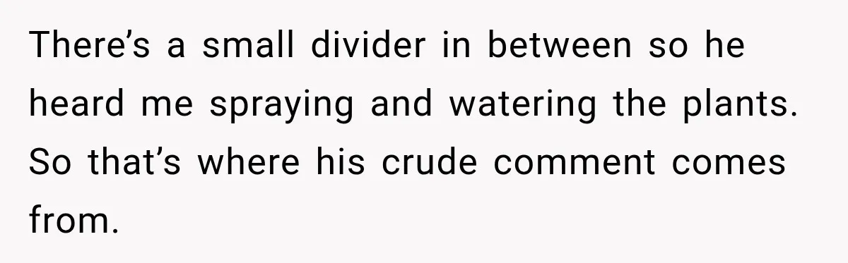 There’s a small divider in between so he heard me spraying and watering the plants. So that’s where his crude comment comes from.