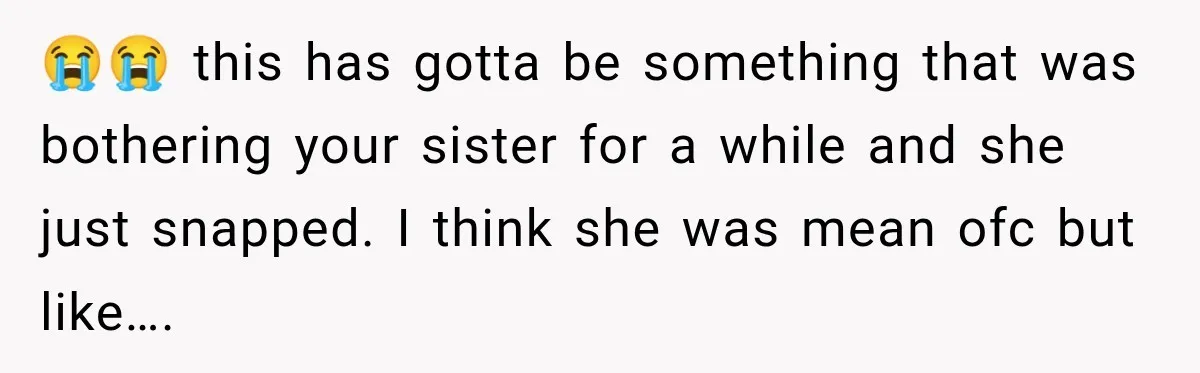 😭😭 this has gotta be something that was bothering your sister for a while and she just snapped. I think she was mean ofc but like….