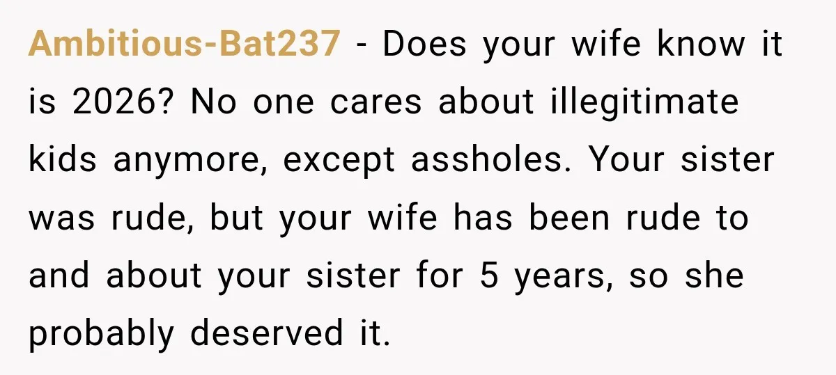 Ambitious-Bat237 − Does your wife know it is 2026? No one cares about illegitimate kids anymore, except assholes. Your sister was rude, but your wife has been rude to and...