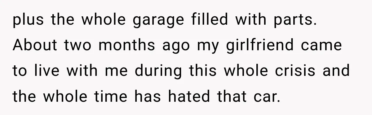 She Had His Dream Car Hauled to a Scrap Yard While He Was Away. He Took Her to Court Instead. plus the whole garage filled with parts. About two months ago my girlfriend came to live with me during this whole crisis and the whole time has hated that car.