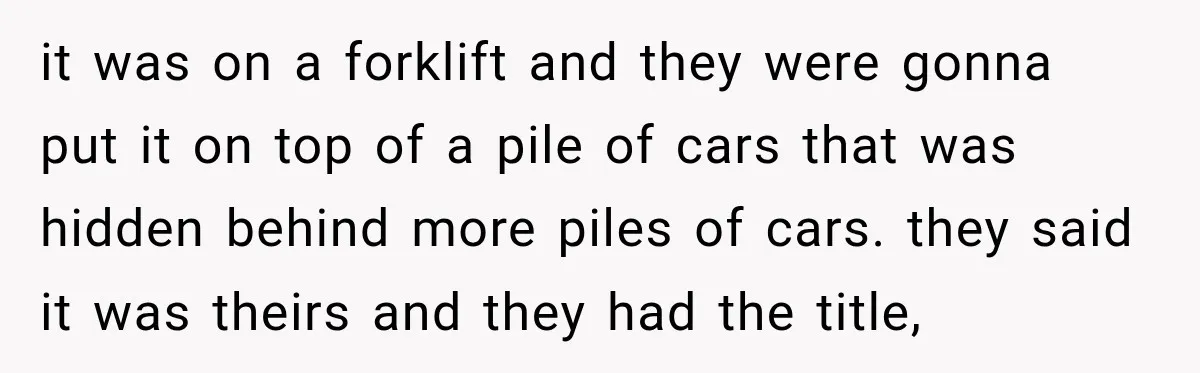 She Had His Dream Car Hauled to a Scrap Yard While He Was Away. He Took Her to Court Instead. it was on a forklift and they were gonna put it on top of a pile of cars that was hidden behind more piles of cars. they said it was...