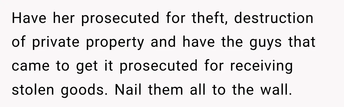 She Had His Dream Car Hauled to a Scrap Yard While He Was Away. He Took Her to Court Instead. Have her prosecuted for theft, destruction of private property and have the guys that came to get it prosecuted for receiving stolen goods. Nail them all to the wall.