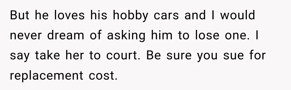 She Had His Dream Car Hauled to a Scrap Yard While He Was Away. He Took Her to Court Instead. But he loves his hobby cars and I would never dream of asking him to lose one. I say take her to court. Be sure you sue for replacement cost.