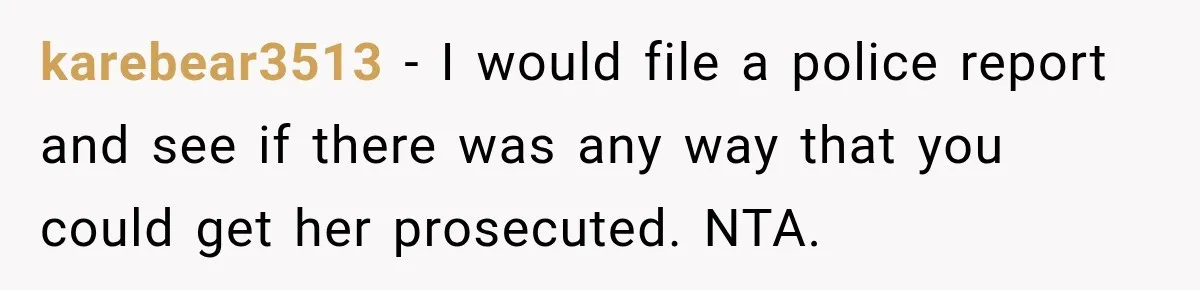 She Had His Dream Car Hauled to a Scrap Yard While He Was Away. He Took Her to Court Instead. karebear3513 − I would file a police report and see if there was any way that you could get her prosecuted. NTA.