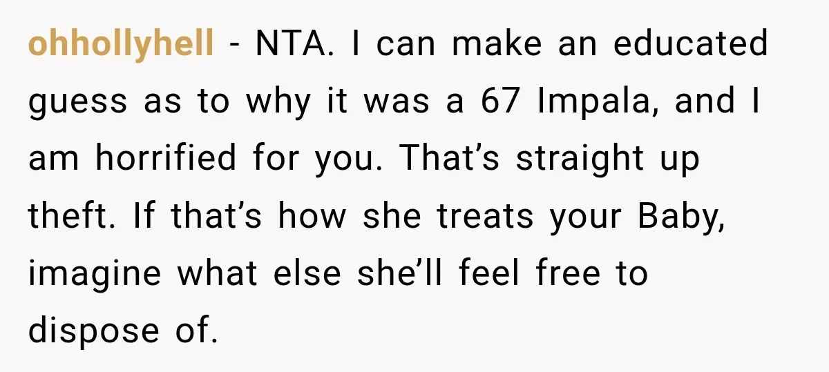 She Had His Dream Car Hauled to a Scrap Yard While He Was Away. He Took Her to Court Instead. ohhollyhell − NTA. I can make an educated guess as to why it was a 67 Impala, and I am horrified for you. That’s straight up theft. If that’s how...