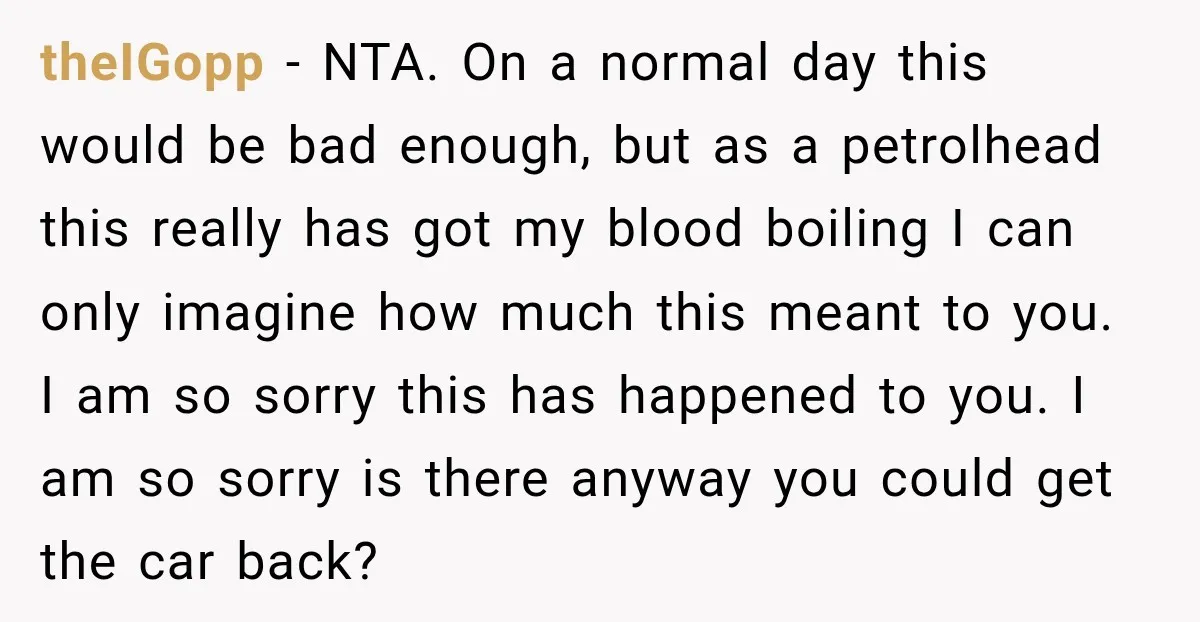 She Had His Dream Car Hauled to a Scrap Yard While He Was Away. He Took Her to Court Instead. theIGopp − NTA. On a normal day this would be bad enough, but as a petrolhead this really has got my blood boiling I can only imagine how much this...