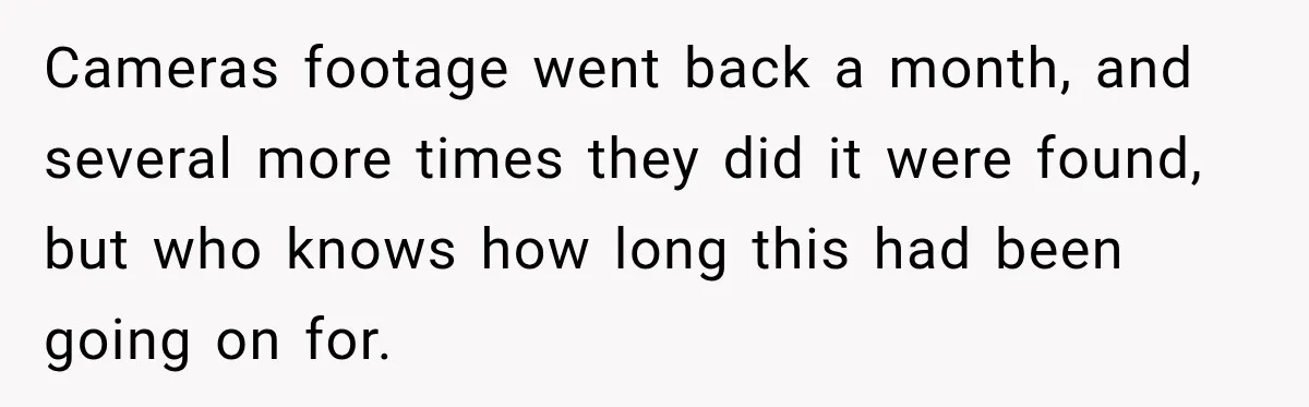 Cameras footage went back a month, and several more times they did it were found, but who knows how long this had been going on for.