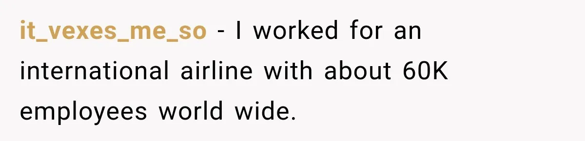it_vexes_me_so − I worked for an international airline with about 60K employees world wide.