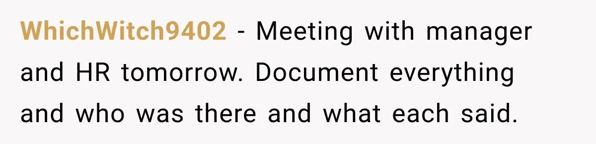 WhichWitch9402 − Meeting with manager and HR tomorrow. Document everything and who was there and what each said.
