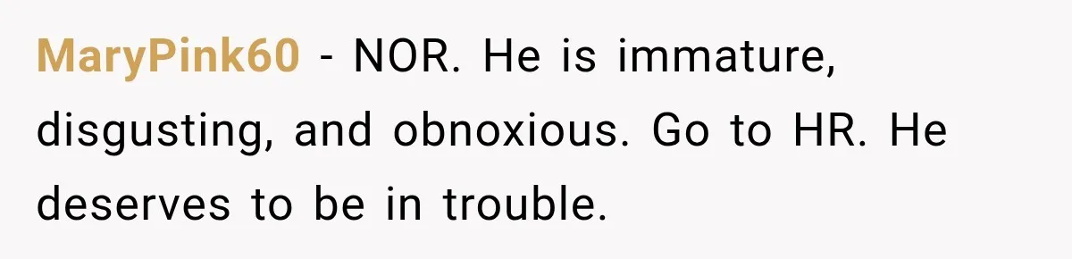MaryPink60 − NOR. He is immature, disgusting, and obnoxious. Go to HR. He deserves to be in trouble.