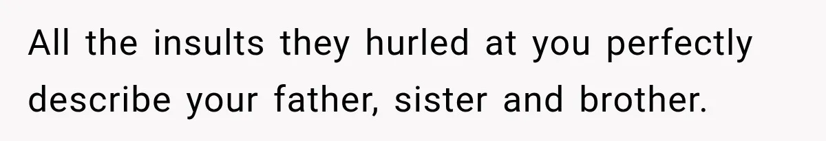 All the insults they hurled at you perfectly describe your father, sister and brother.