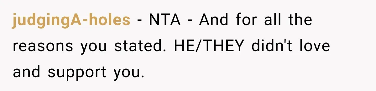 judgingA-holes − NTA - And for all the reasons you stated. HE/THEY didn't love and support you.