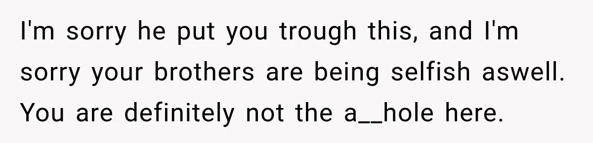 I'm sorry he put you trough this, and I'm sorry your brothers are being selfish aswell. You are definitely not the a__hole here.