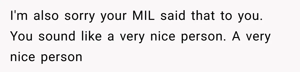 I'm also sorry your MIL said that to you. You sound like a very nice person. A very nice person