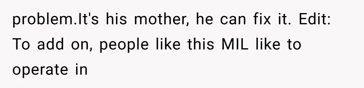 problem.It's his mother, he can fix it. Edit: To add on, people like this MIL like to operate in