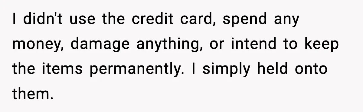 I didn't use the credit card, spend any money, damage anything, or intend to keep the items permanently. I simply held onto them.