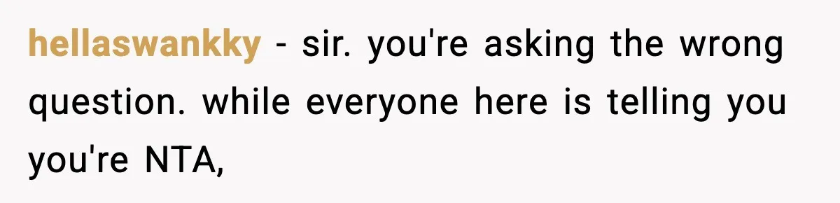 hellaswankky − sir. you're asking the wrong question. while everyone here is telling you you're NTA,