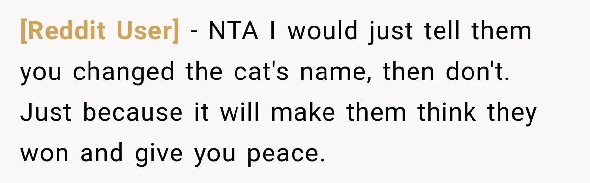 [Reddit User] − NTA I would just tell them you changed the cat's name, then don't. Just because it will make them think they won and give you peace.