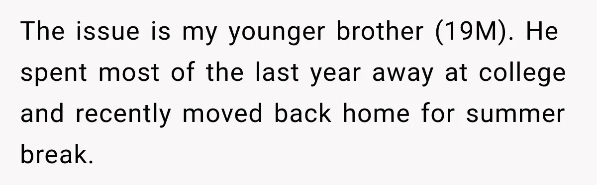 The issue is my younger brother (19M). He spent most of the last year away at college and recently moved back home for summer break.