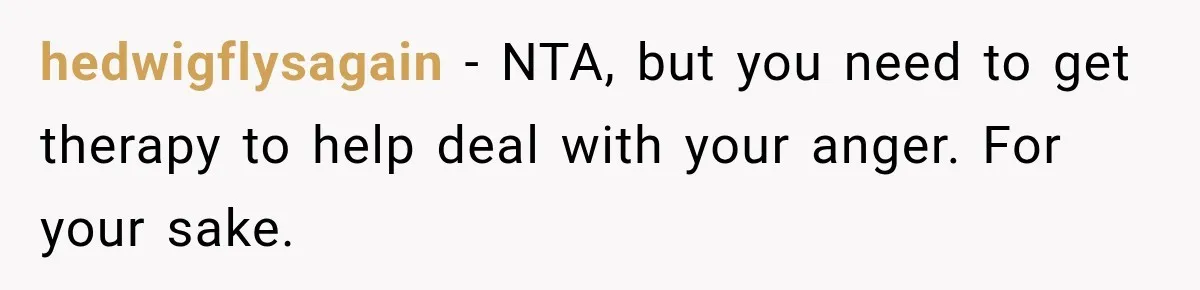 hedwigflysagain − NTA, but you need to get therapy to help deal with your anger. For your sake.