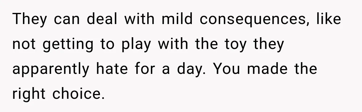 They can deal with mild consequences, like not getting to play with the toy they apparently hate for a day. You made the right choice.