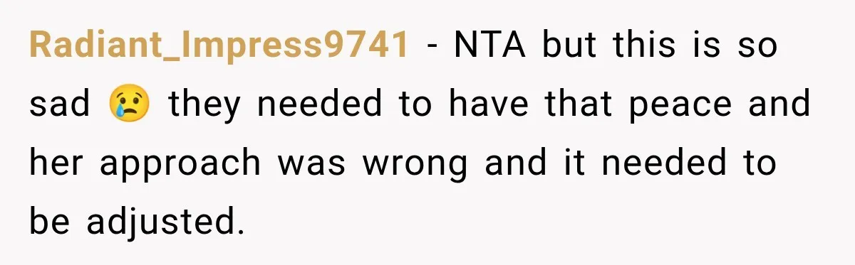 Radiant_Impress9741 − NTA but this is so sad 😢 they needed to have that peace and her approach was wrong and it needed to be adjusted.