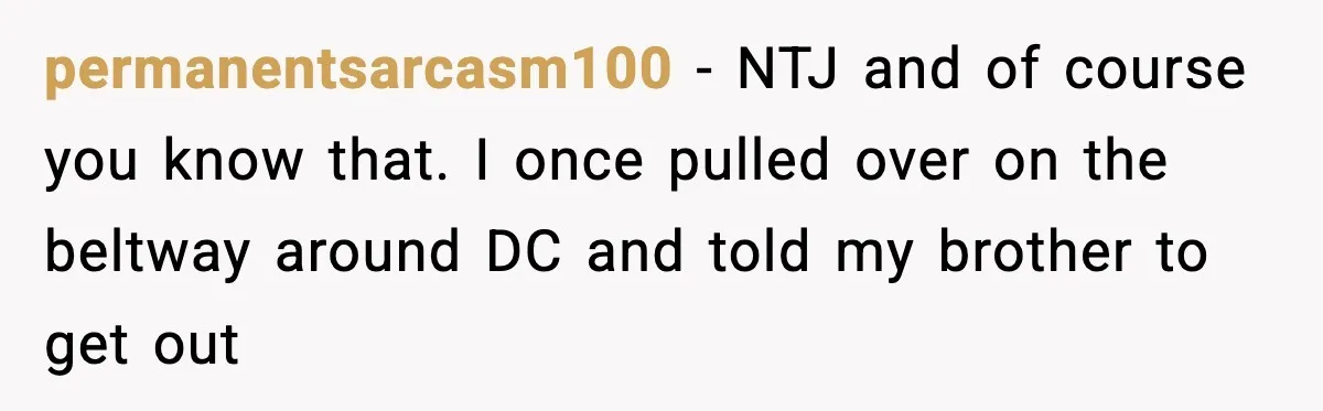 Brother Leaves His Sister at the Cinema After She Spends the Entire Movie Kicking His Seat permanentsarcasm100 − NTJ and of course you know that. I once pulled over on the beltway around DC and told my brother to get out