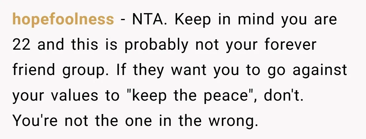 hopefoolness − NTA. Keep in mind you are 22 and this is probably not your forever friend group. If they want you to go against your values to "keep the...