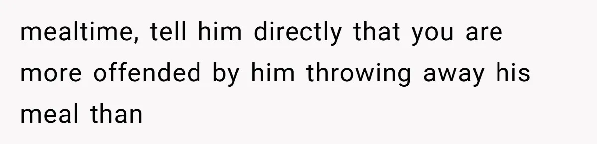 mealtime, tell him directly that you are more offended by him throwing away his meal than