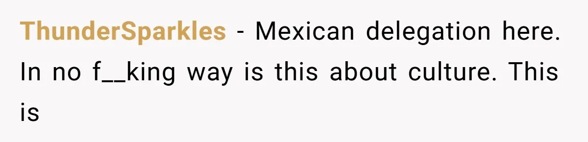 ThunderSparkles − Mexican delegation here. In no f__king way is this about culture. This is