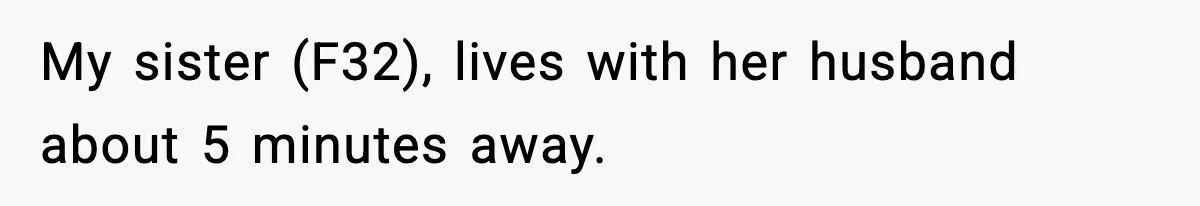 My sister (F32), lives with her husband about 5 minutes away.