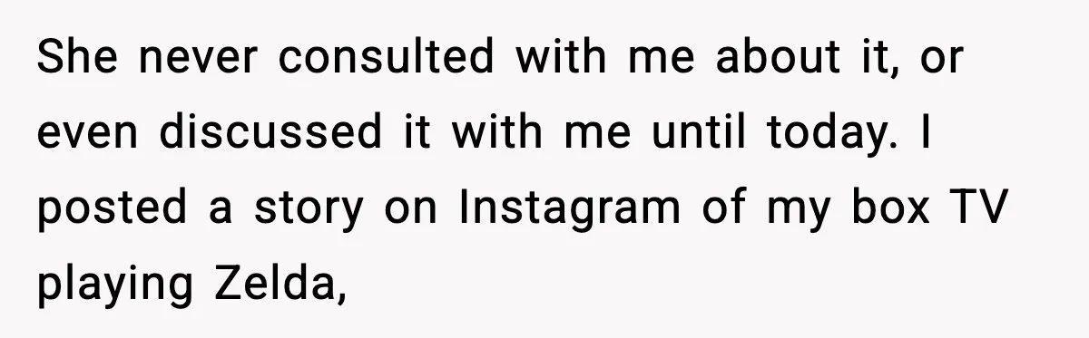 She never consulted with me about it, or even discussed it with me until today. I posted a story on Instagram of my box TV playing Zelda,