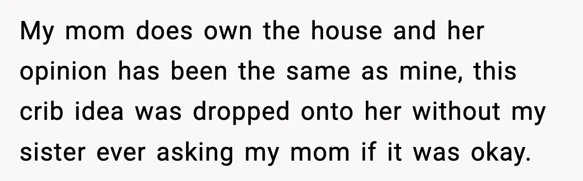 My mom does own the house and her opinion has been the same as mine, this crib idea was dropped onto her without my sister ever asking my mom if...
