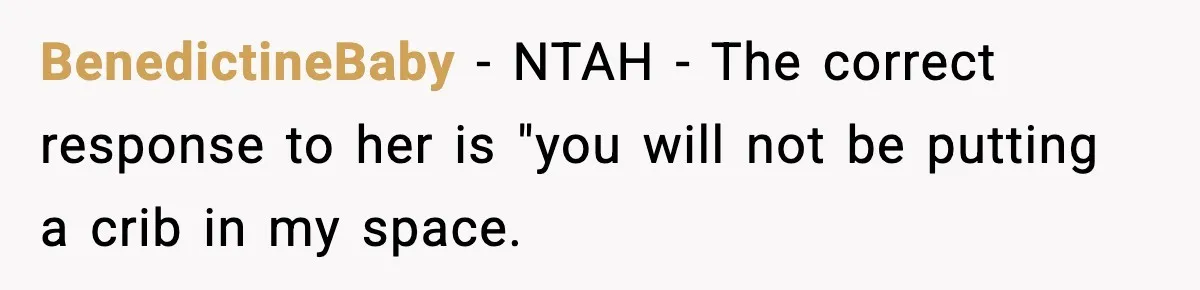 BenedictineBaby − NTAH - The correct response to her is "you will not be putting a crib in my space.