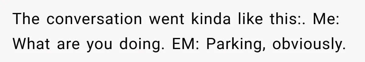The conversation went kinda like this:. Me: What are you doing. EM: Parking, obviously.