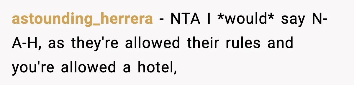 Couple Refuses To Follow Friend’s Parents’ Strange Sleeping Rule, Leaves For Hotel astounding_herrera − NTA I *would* say N-A-H, as they're allowed their rules and you're allowed a hotel,
