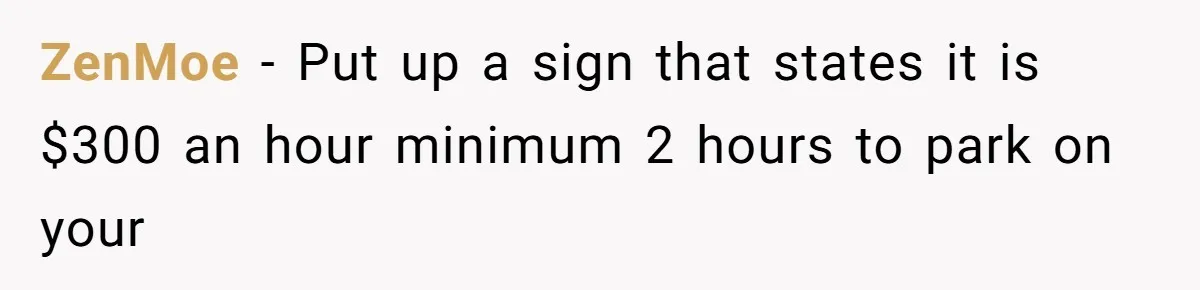 ZenMoe − Put up a sign that states it is $300 an hour minimum 2 hours to park on your