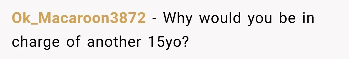 Ok_Macaroon3872 − Why would you be in charge of another 15yo?